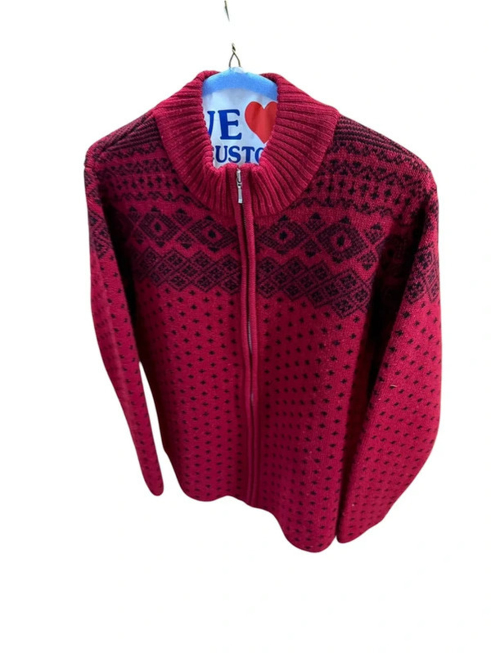 Vintage 90s Lands' End 100% Wool Fair Isle Zip Sweater – Red & Black
